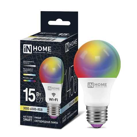 Лампа светодиодная InHome SMART A60 15Вт Е27  RGBW диммер 3000-6500К 1450Лм купить в СОМ