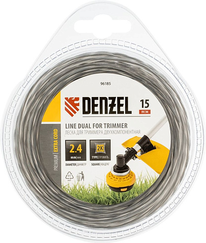 Леска для триммера Denzel Extra cord, 2.4 мм, 15 м, витой квадрат купить в СОМ