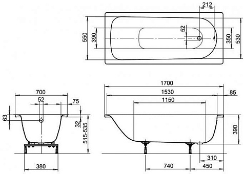 Ванна стальная Kaldewei Saniform Plus 1700 х700 мм, ножки купить в СОМ